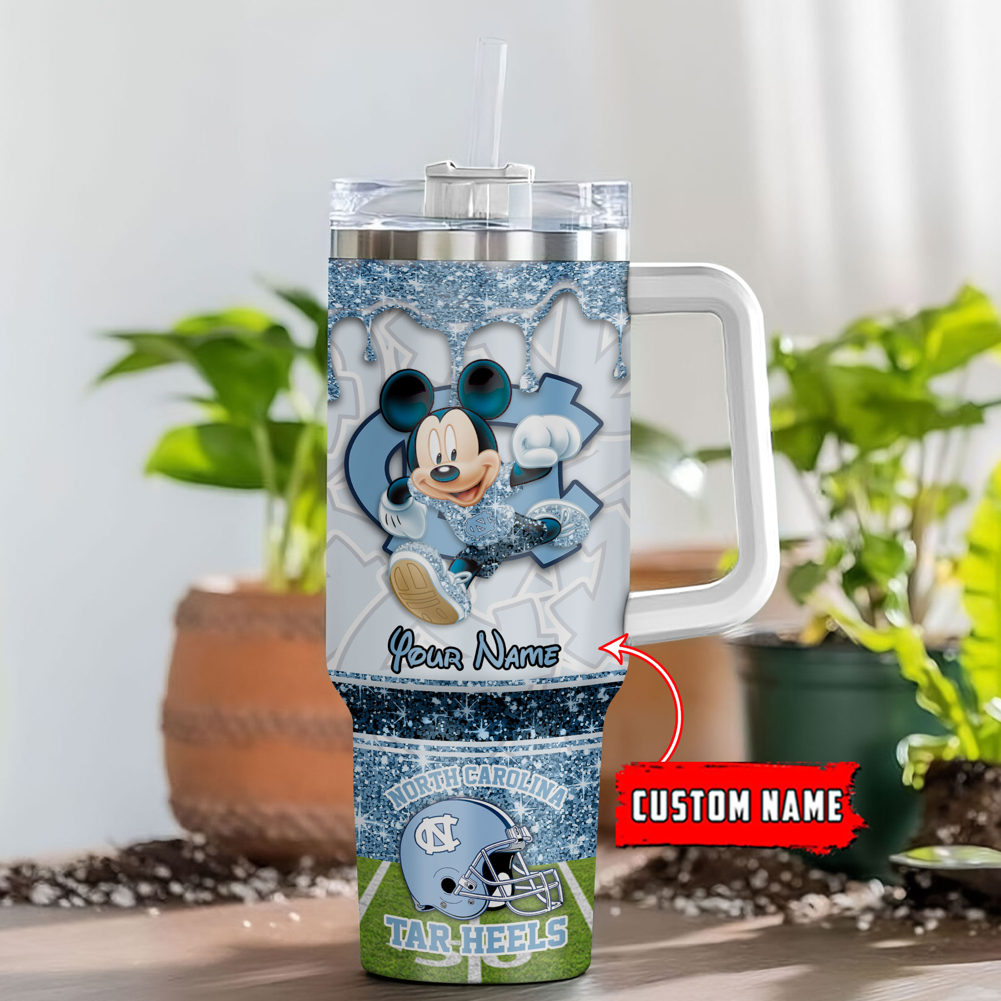 North Carolina Tar Heels NCAA Mickey Mouse Glitter Custom Stanley Quencher 40oz Stainless Steel Tumbler With Handle
