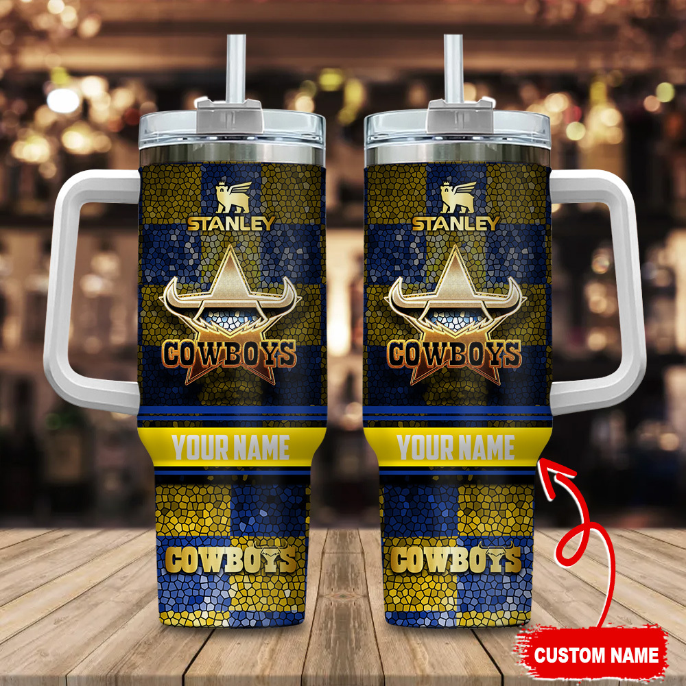 North Queensland Cowboys NRL Golden Logo Stained Glass Effect Custom Stanley Quencher 40oz Stainless Steel Tumbler With Handle