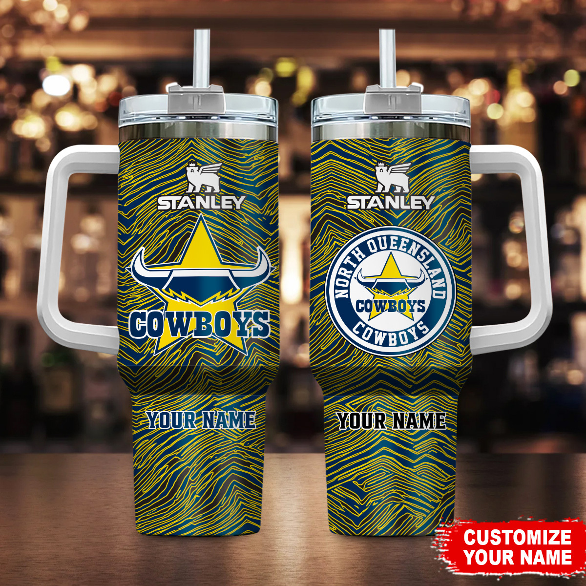 North Queensland Cowboys NRL Zubaz Print Custom Stanley Quencher 40oz Stainless Steel Tumbler With Handle