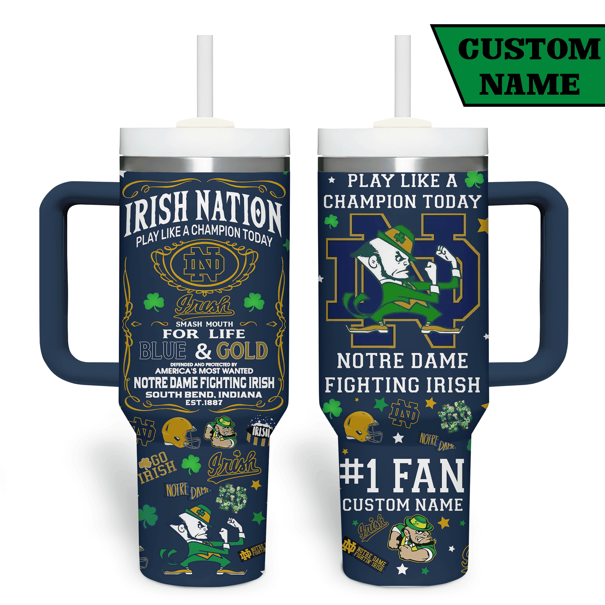 Notre Dame Fighting Irish NCAA Custom Stanley Quencher 40oz Stainless Steel Tumbler With Handle