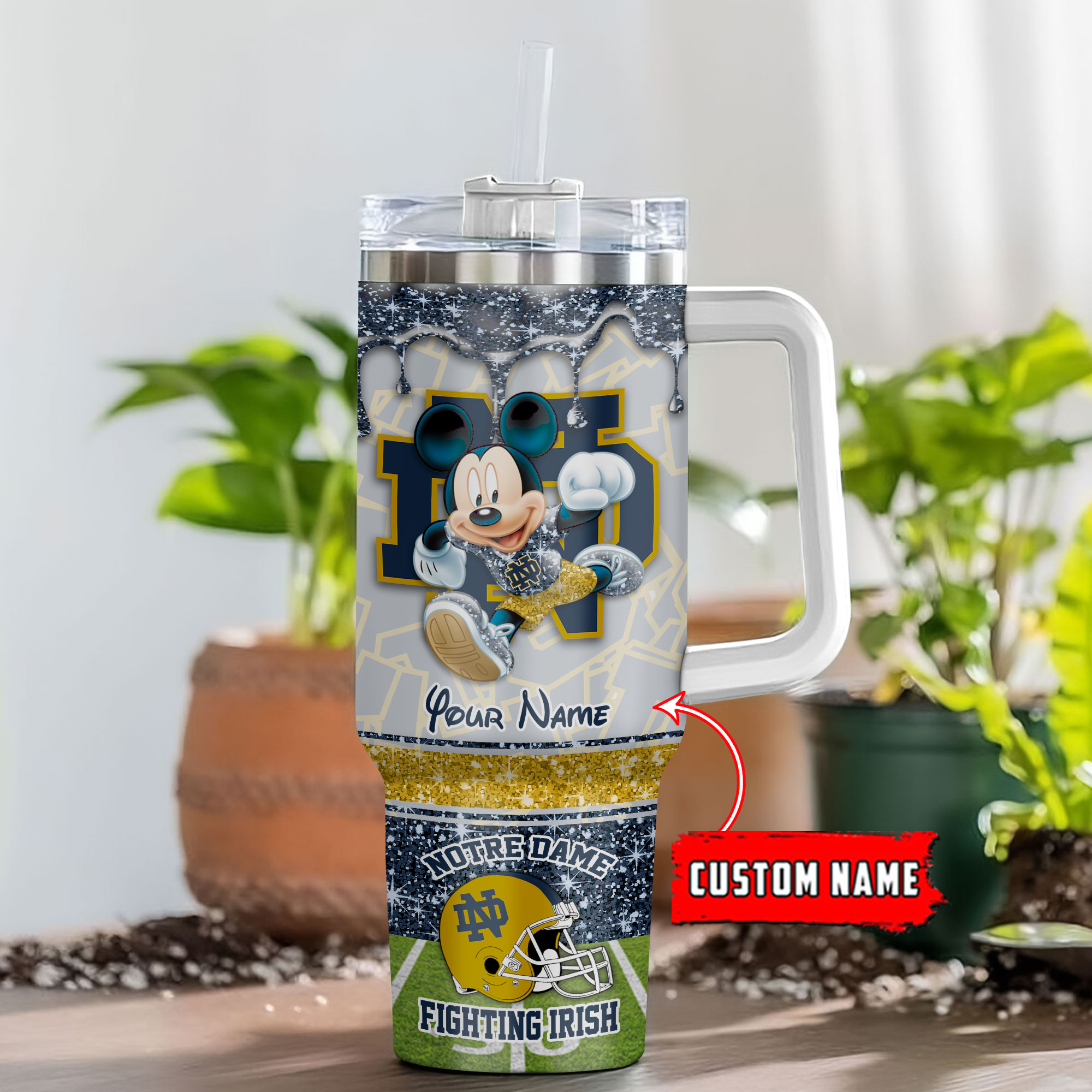 Notre Dame Fighting Irish NCAA Mickey Mouse Glitter Custom Stanley Quencher 40oz Stainless Steel Tumbler With Handle