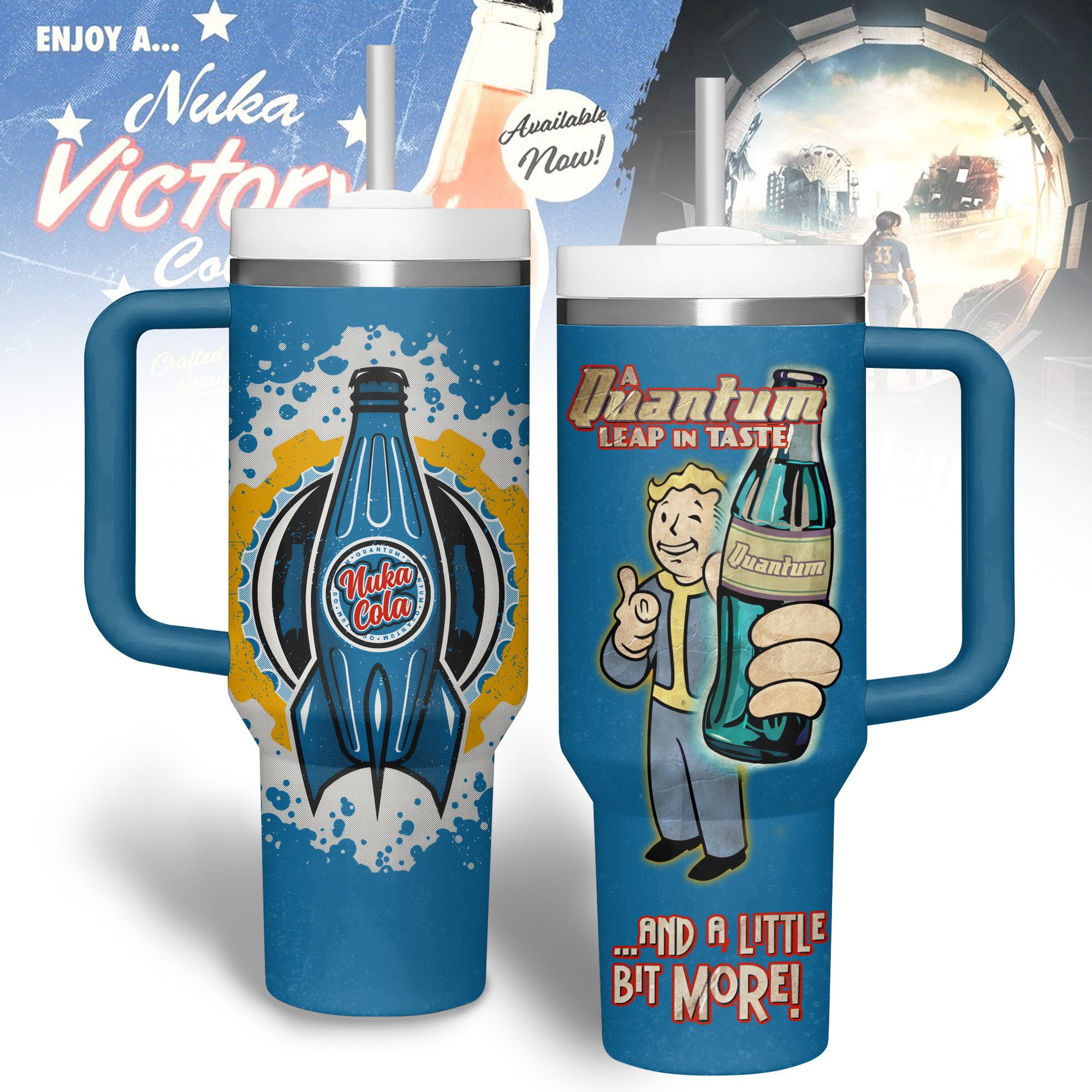 Nuka-Cola Quantum Drinks Custom Stanley Quencher 40oz Stainless Steel Tumbler With Handle