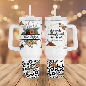 Nurse Floral Leopard Print Custom Stanley Quencher 40oz Stainless Steel Tumbler With Handle