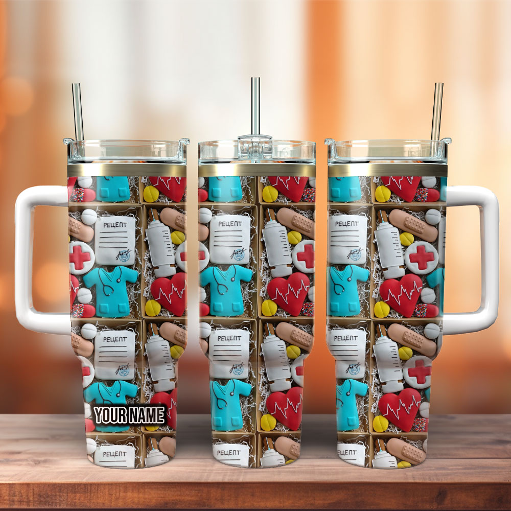 Nurse Heart Love Gift Custom Stanley Quencher 40oz Stainless Steel Tumbler With Handle