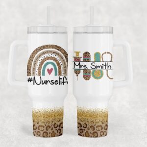 Nurse Life Glitter Leopard Print Custom Stanley Quencher 40oz Stainless Steel Tumbler With Handle