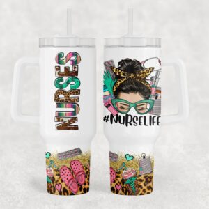 Nurse Life Glitter Leopard Print Custom Stanley Quencher 40oz Stainless Steel Tumbler With Handle