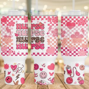 Nurse Retro Checkered Smiley Face Custom Stanley Quencher 40oz Stainless Steel Tumbler With Handle