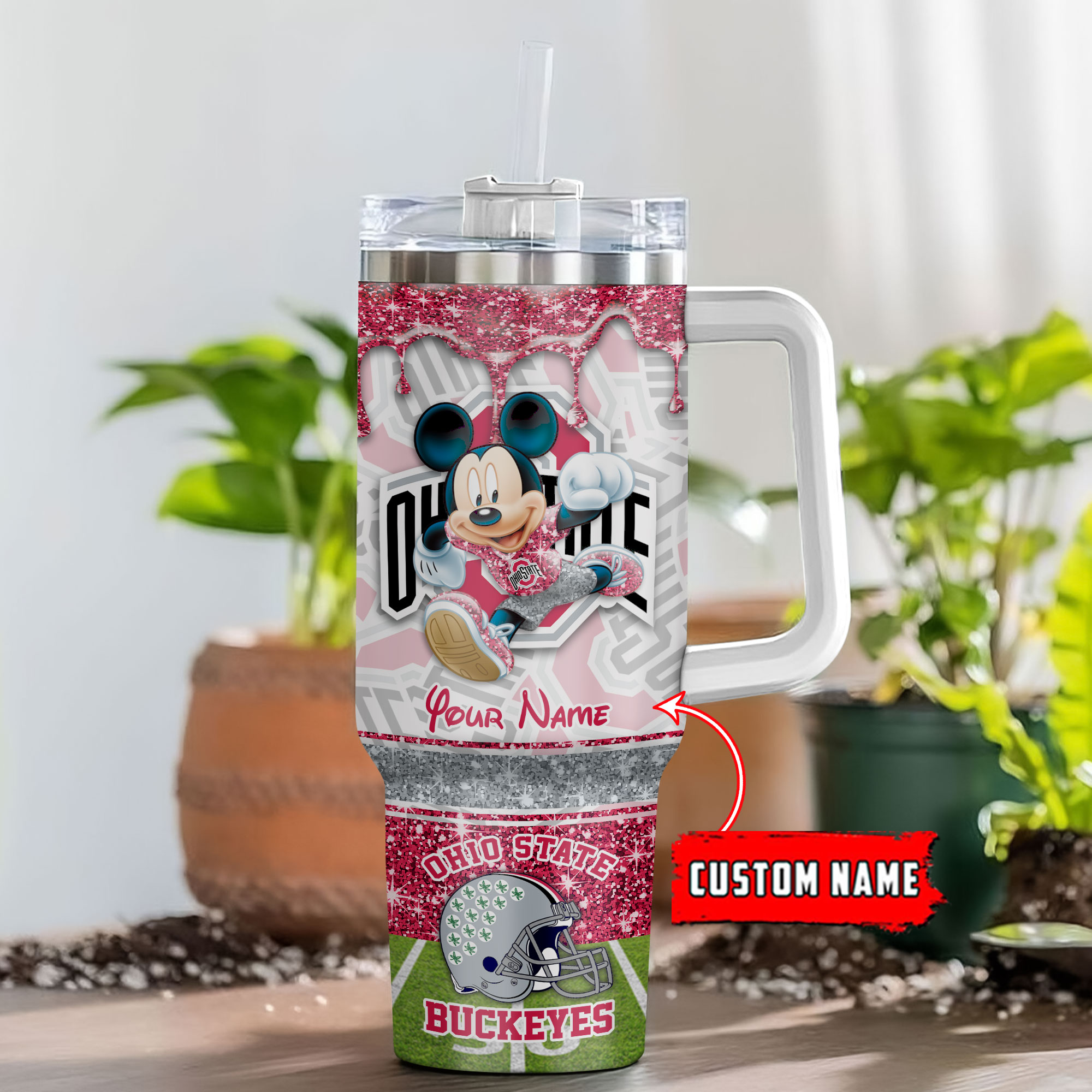 Ohio State Buckeyes NCAA Mickey Mouse Glitter Custom Stanley Quencher 40oz Stainless Steel Tumbler With Handle