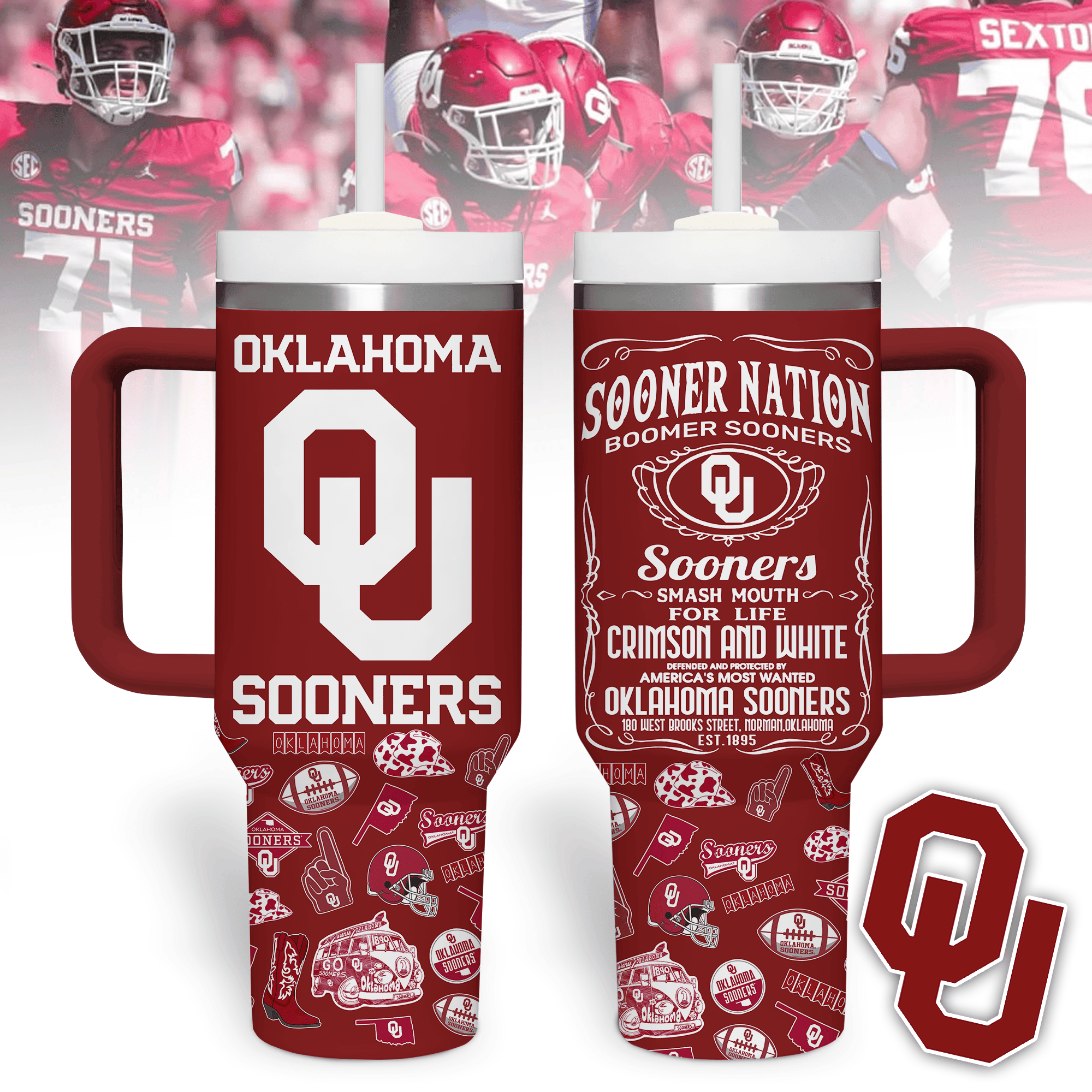 Oklahoma Sooners NCAA Custom Stanley Quencher 40oz Stainless Steel Tumbler With Handle