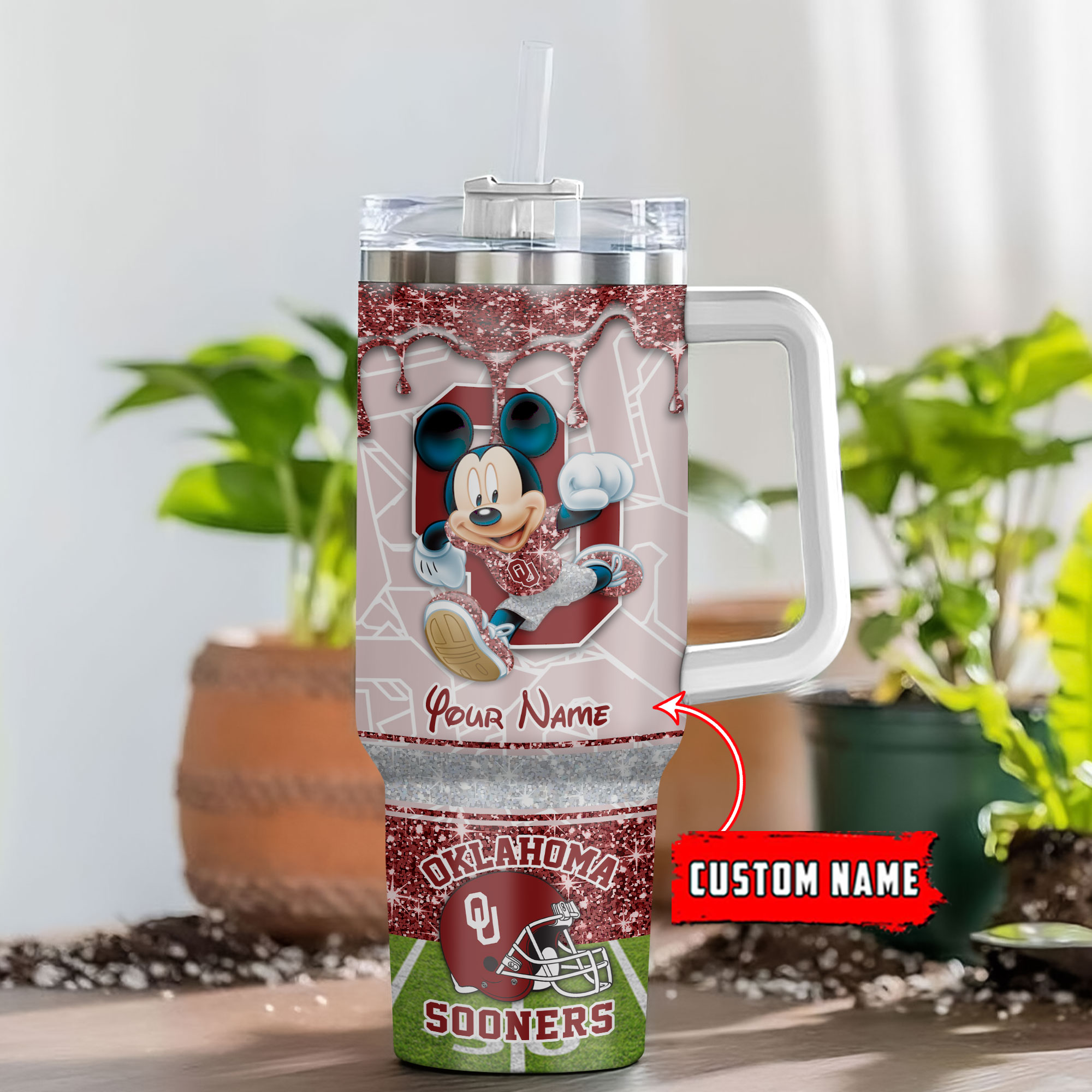 Oklahoma Sooners NCAA Mickey Mouse Glitter Custom Stanley Quencher 40oz Stainless Steel Tumbler With Handle