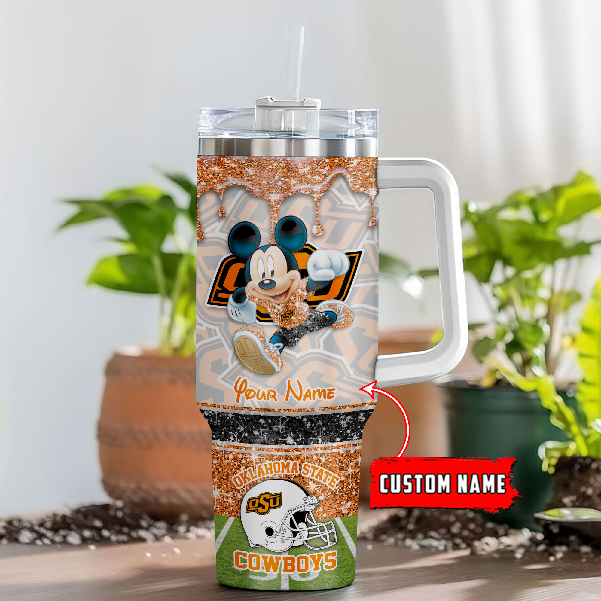 Oklahoma State Cowboys NCAA Mickey Mouse Glitter Custom Stanley Quencher 40oz Stainless Steel Tumbler With Handle