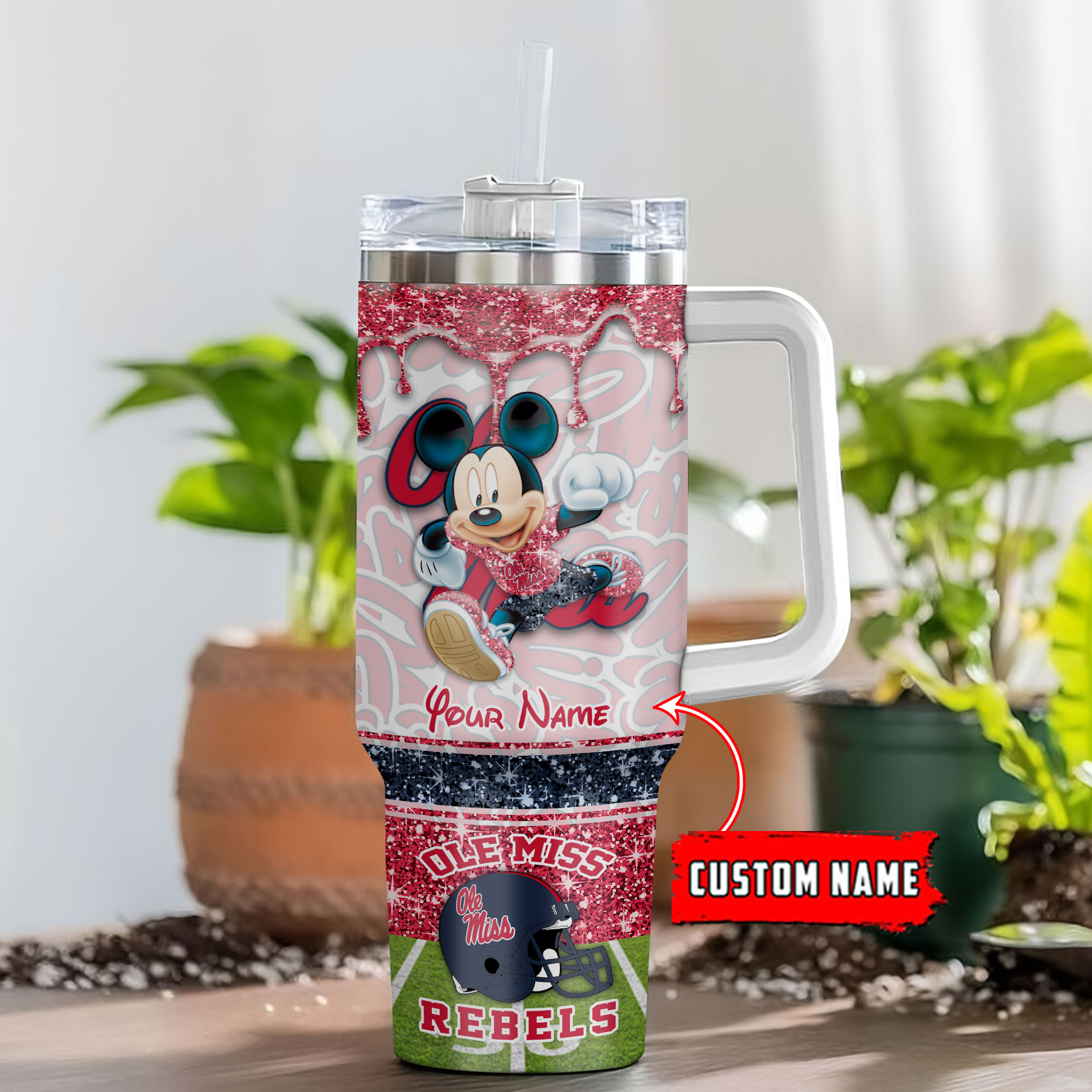 Ole Miss Rebels NCAA Mickey Mouse Glitter Custom Stanley Quencher 40oz Stainless Steel Tumbler With Handle