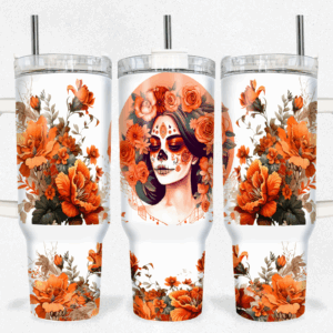 Orange Floral Catrina Day Of The Dead Custom Stanley Quencher 40oz Stainless Steel Tumbler With Handle