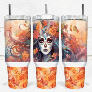 Orange Watercolor Catrina Day Of The Dead Custom Stanley Quencher 40oz Stainless Steel Tumbler With Handle