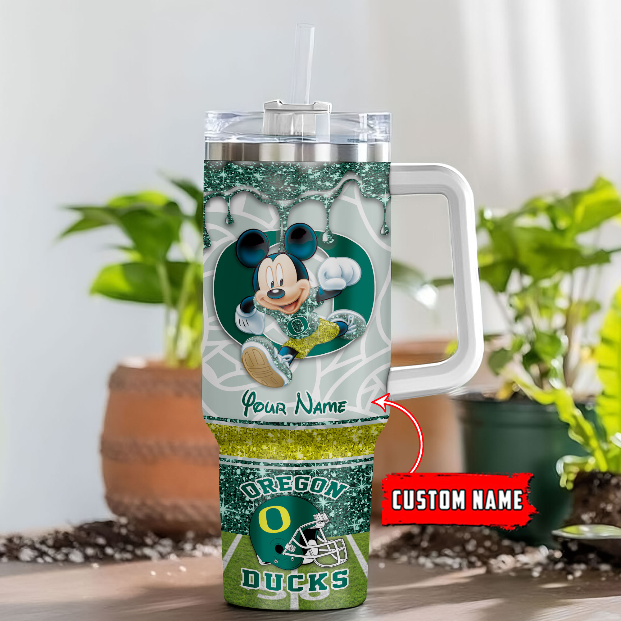 Oregon Ducks NCAA Mickey Mouse Glitter Custom Stanley Quencher 40oz Stainless Steel Tumbler With Handle