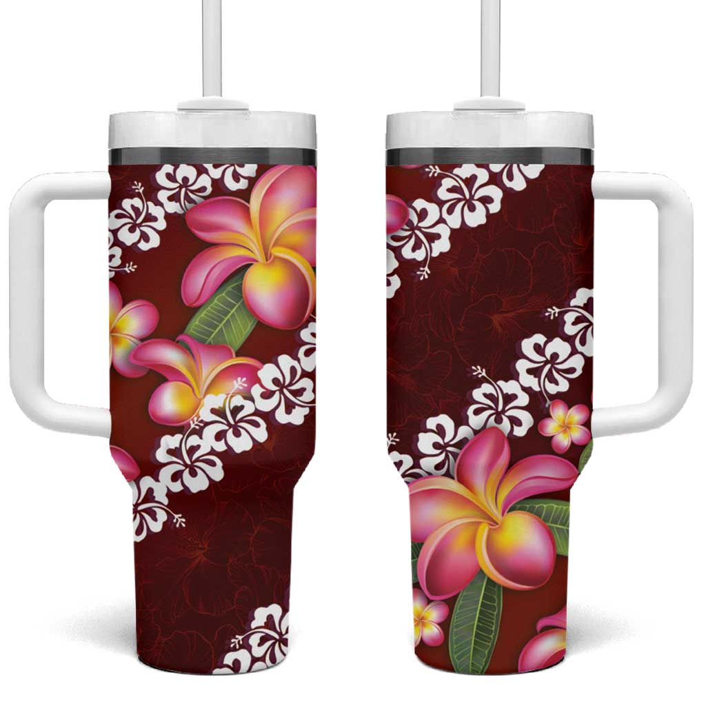 Oxblood Polynesia Plumeria With Hibiscus Tropical Custom Stanley Quencher 40oz Stainless Steel Tumbler With Handle