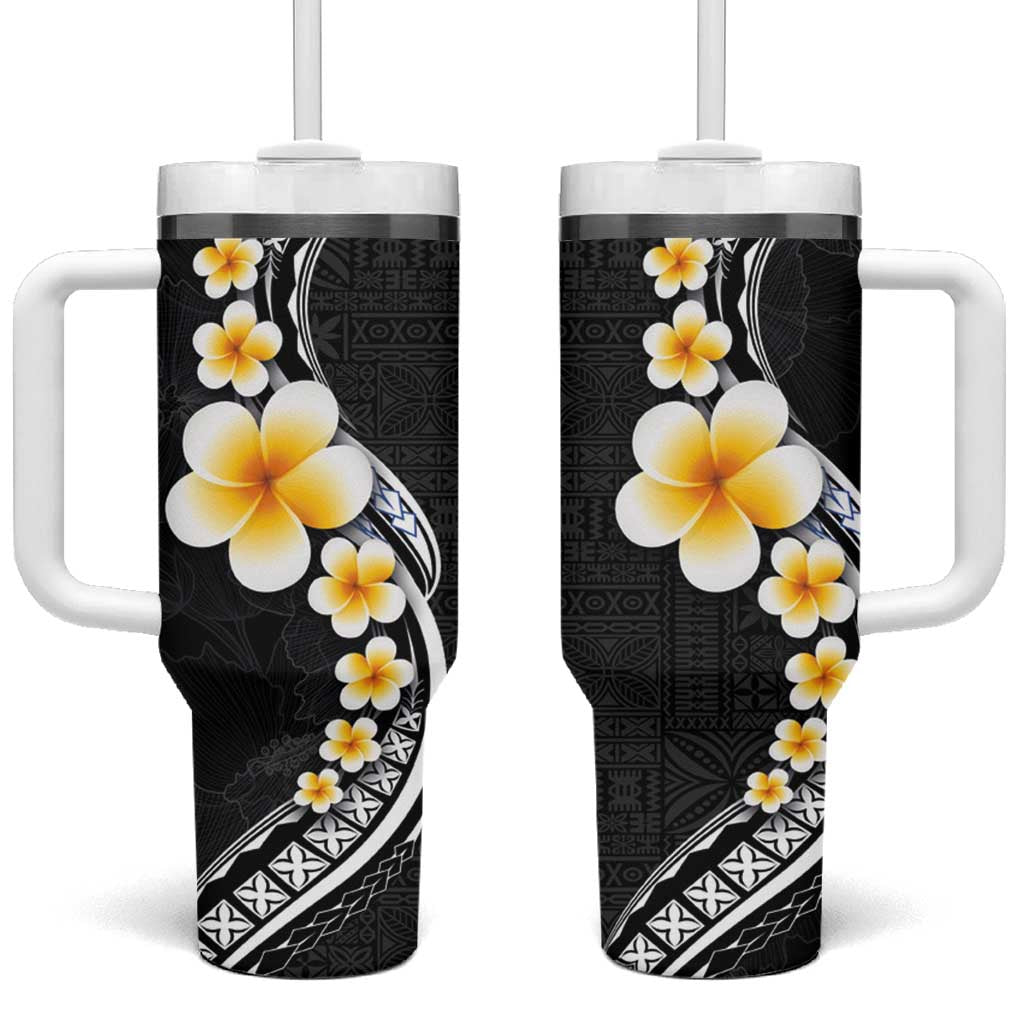 Pacific Hibiscus and Plumeria with Tapa Black Color Custom Stanley Quencher 40oz Stainless Steel Tumbler With Handle
