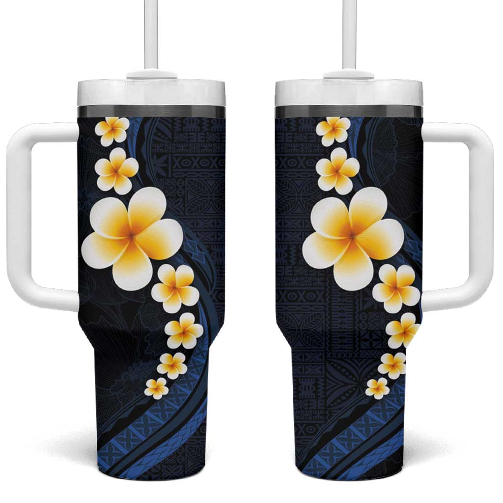 Pacific Hibiscus and Plumeria with Tapa Dark Blue Color Custom Stanley Quencher 40oz Stainless Steel Tumbler With Handle