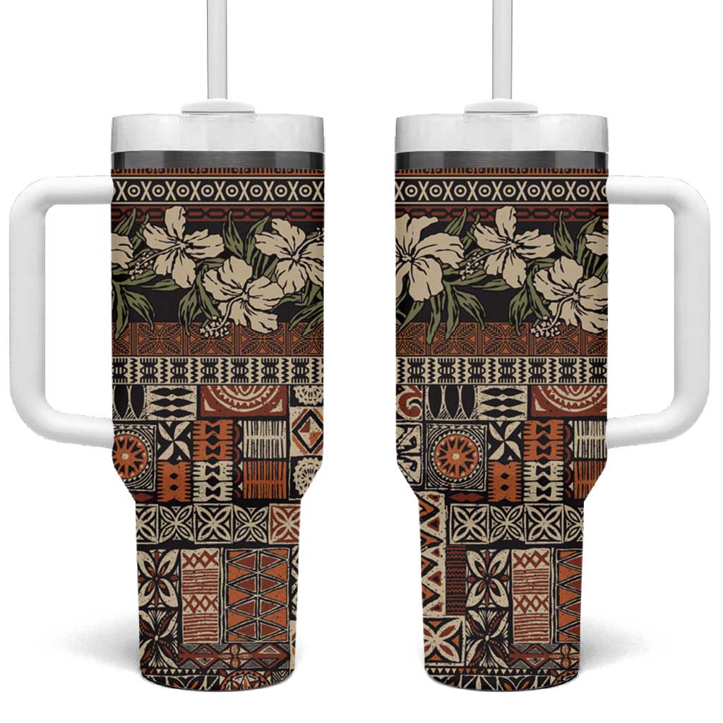 Pacific Hibiscus Tapa Tribal Vintage Brown Motif Custom Stanley Quencher 40oz Stainless Steel Tumbler With Handle