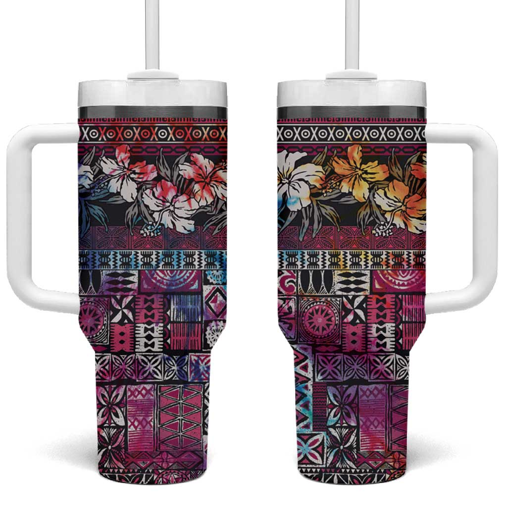 Pacific Hibiscus Tapa Tribal Vintage Pink Motif Custom Stanley Quencher 40oz Stainless Steel Tumbler With Handle
