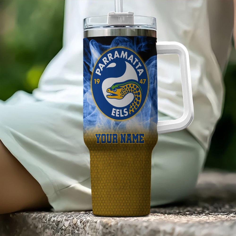 Parramatta Eels NRL Flame Effect Custom Stanley Quencher 40oz Stainless Steel Tumbler With Handle