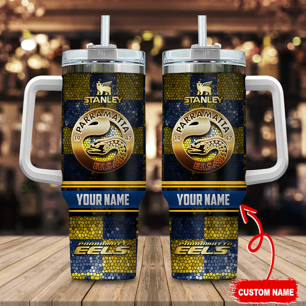 Parramatta Eels NRL Golden Logo Stained Glass Effect Custom Stanley Quencher 40oz Stainless Steel Tumbler With Handle