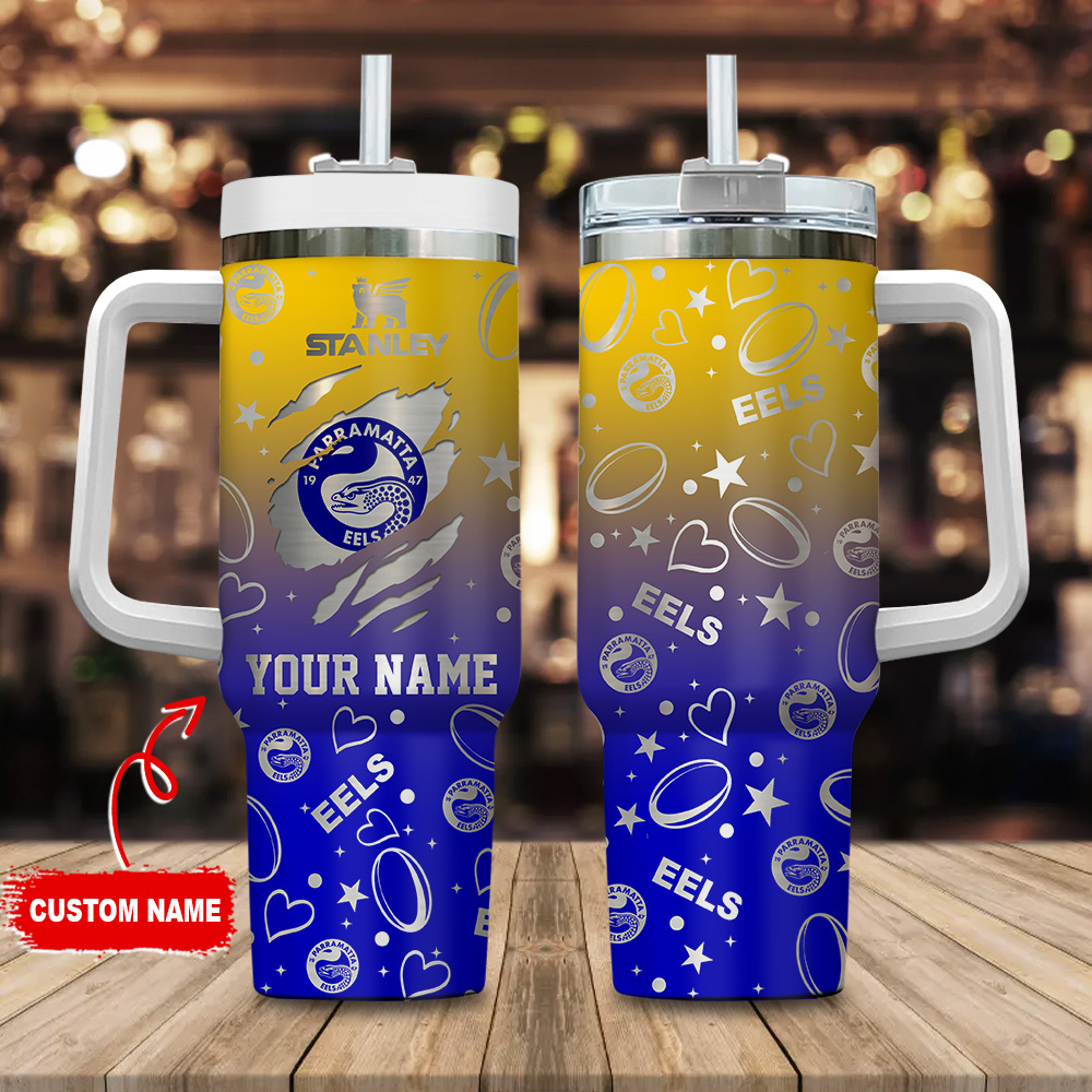 Parramatta Eels NRL Silver Logo Custom Stanley Quencher 40oz Stainless Steel Tumbler With Handle