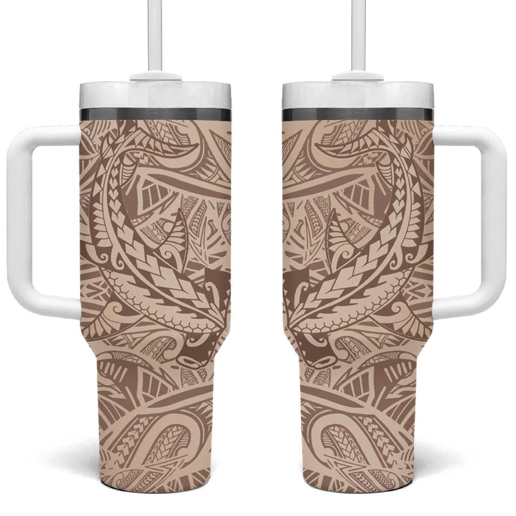 Pastel Brown Polynesia Hawaiian Tribal Hammerhead Shark Tattoo Custom Stanley Quencher 40oz Stainless Steel Tumbler With Handle