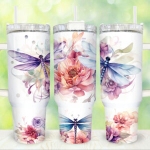 Pastel Dragonfly Flower Custom Stanley Quencher 40oz Stainless Steel Tumbler With Handle