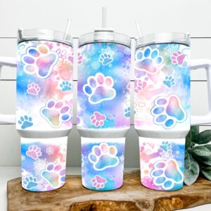 Pastel Glitter Paw Prints Custom Stanley Quencher 40oz Stainless Steel Tumbler With Handle