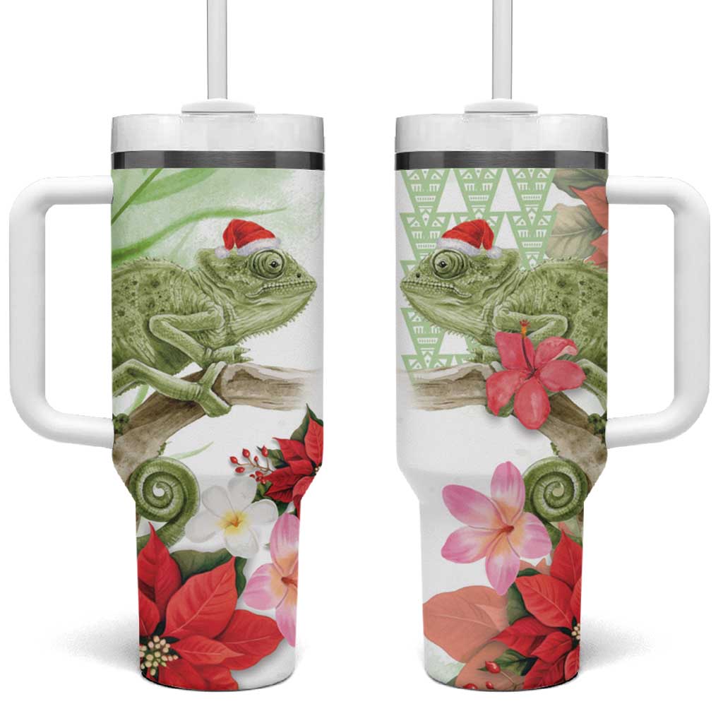 Pastel Green Hawaii Chameleon Christmas Mele Kalikimaka Kakau Watercolor Custom Stanley Quencher 40oz Stainless Steel Tumbler With Handle