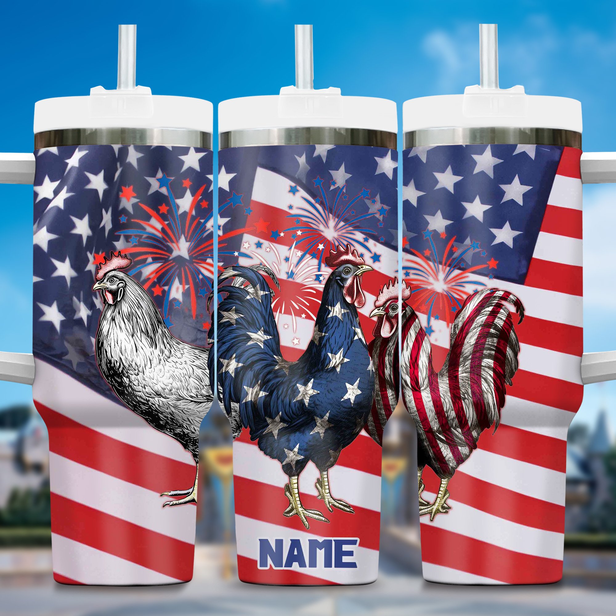 Patriotic Chicken USA Custom Stanley Quencher 40oz Stainless Steel Tumbler With Handle