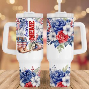 Patriotic Floral Boots Cowboy Hat Custom Stanley Quencher 40oz Stainless Steel Tumbler With Handle