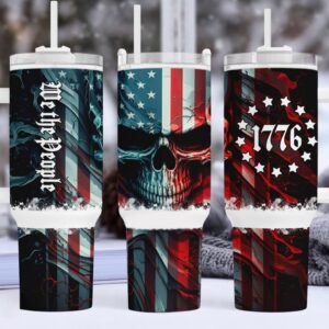 Patriotic Skull American Flag Custom Stanley Quencher 40oz Stainless Steel Tumbler With Handle