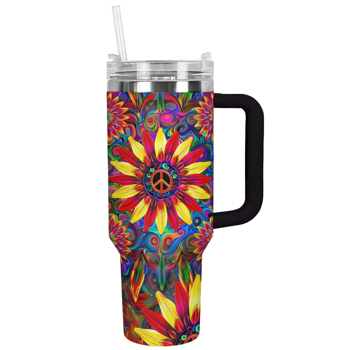 Peace Flower Custom Stanley Quencher 40oz Stainless Steel Tumbler With Handle