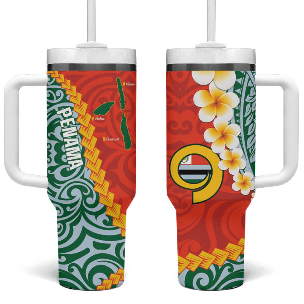 Penama Province Vanuatu Map With Plumeria Flag Custom Stanley Quencher 40oz Stainless Steel Tumbler With Handle