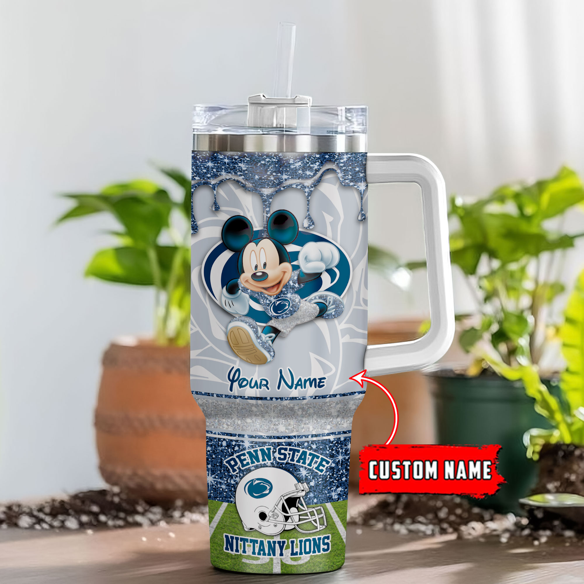 Penn State Nittany Lions NCAA Mickey Mouse Glitter Custom Stanley Quencher 40oz Stainless Steel Tumbler With Handle