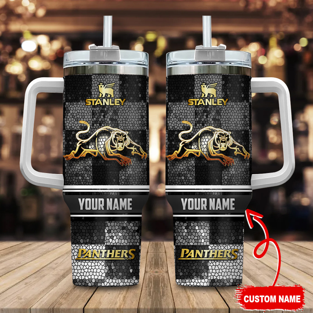 Penrith Panthers NRL Golden Logo Stained Glass Effect Custom Stanley Quencher 40oz Stainless Steel Tumbler With Handle
