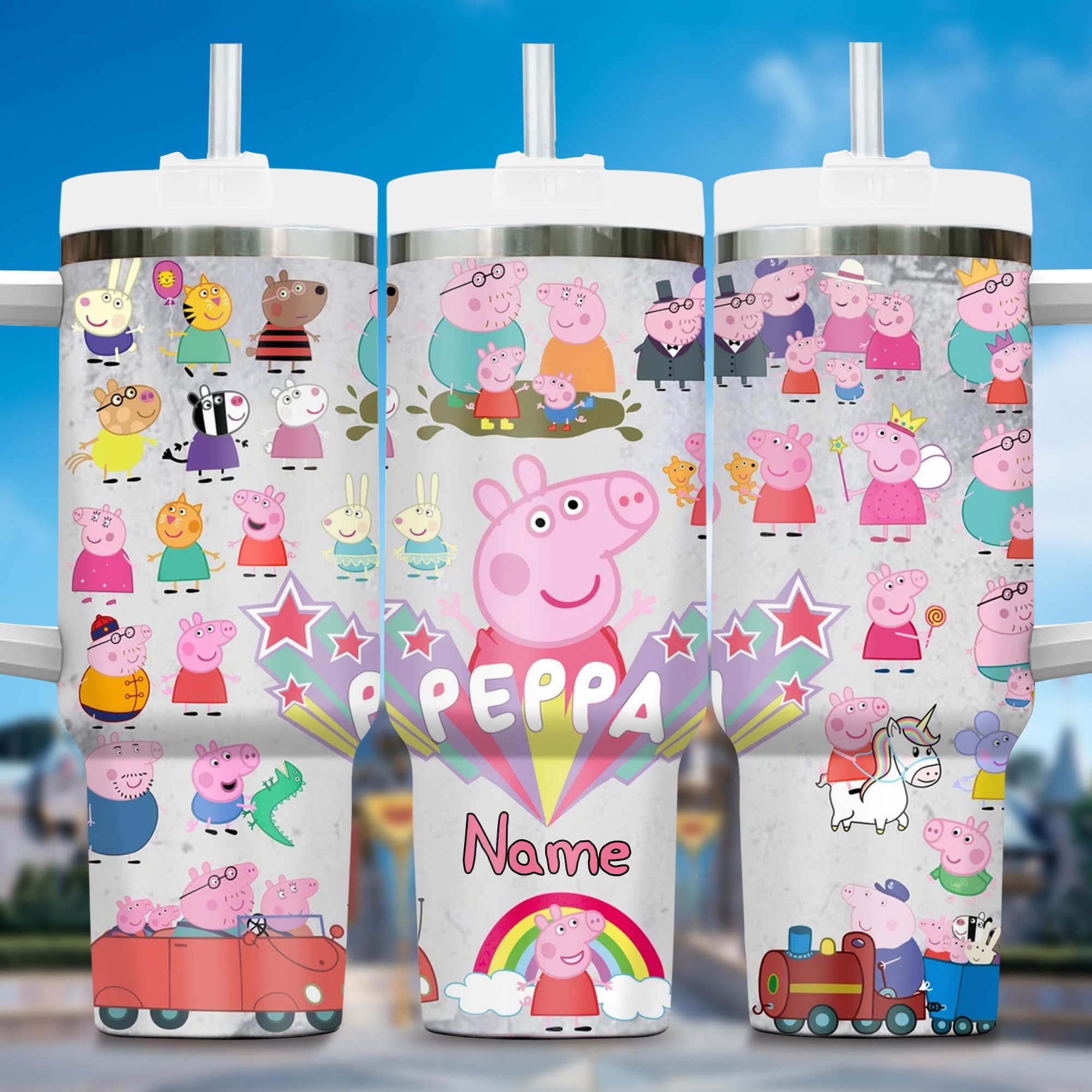 Peppa Pig Cartoon Custom Stanley Quencher 40oz Stainless Steel Tumbler With Handle