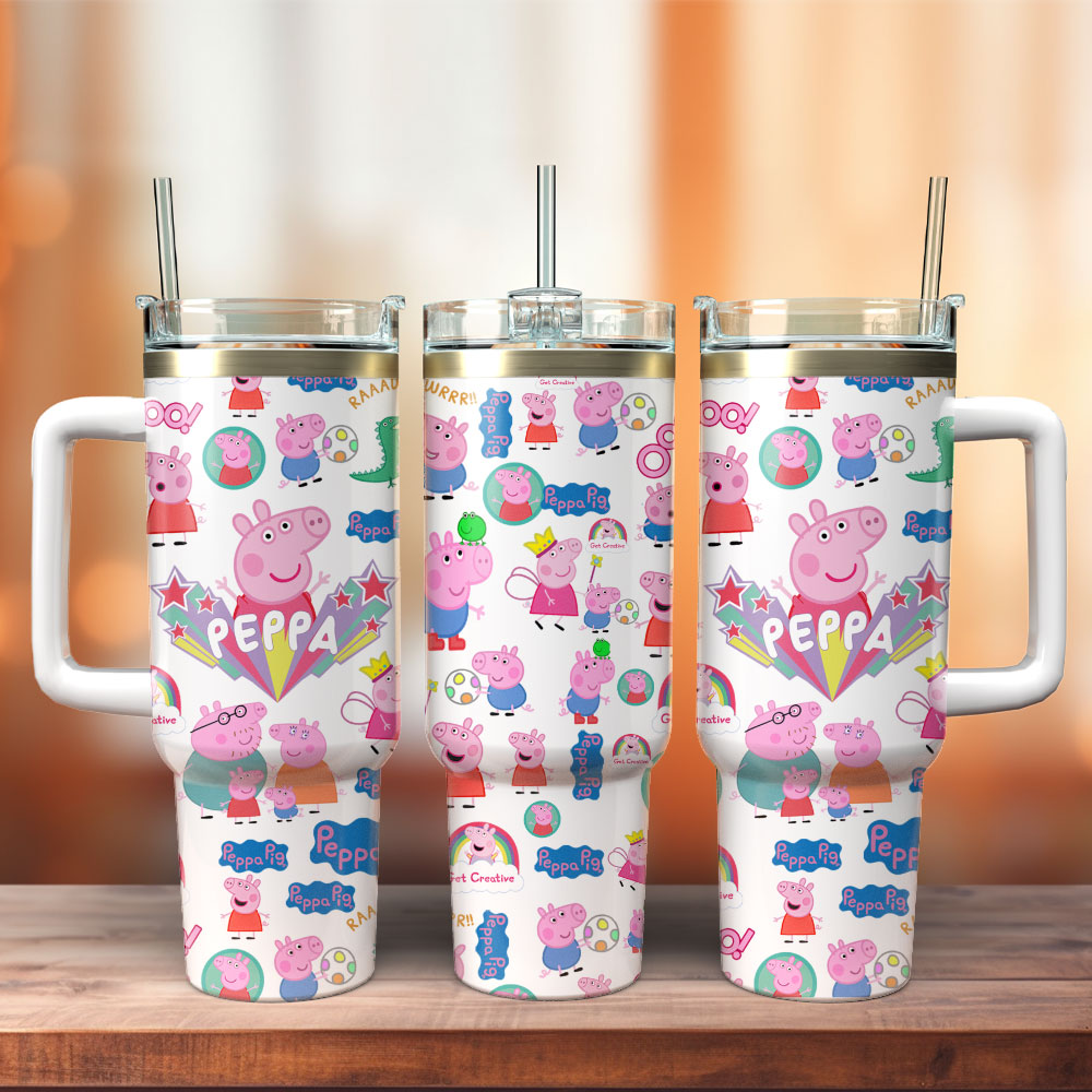 Peppa Pig TV Series Custom Stanley Quencher 40oz Stainless Steel Tumbler With Handle