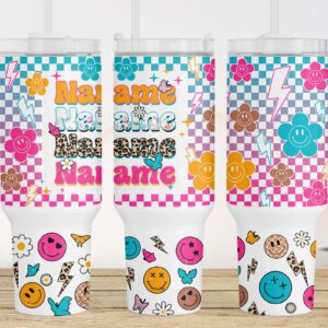 Personalized Name Retro Checkered Smiley Face Custom Stanley Quencher 40oz Stainless Steel Tumbler With Handle