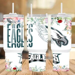 Philadelphia Eagles Floral NFL Custom Stanley Quencher 40oz Stainless Steel Tumbler With Handle