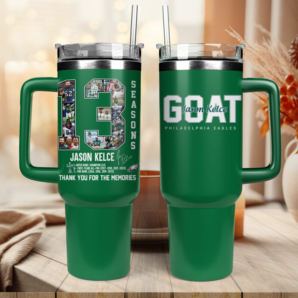 Philadelphia Eagles Jason Kelce 13 Seasons Tribute NFL Custom Stanley Quencher 40oz Stainless Steel Tumbler With Handle