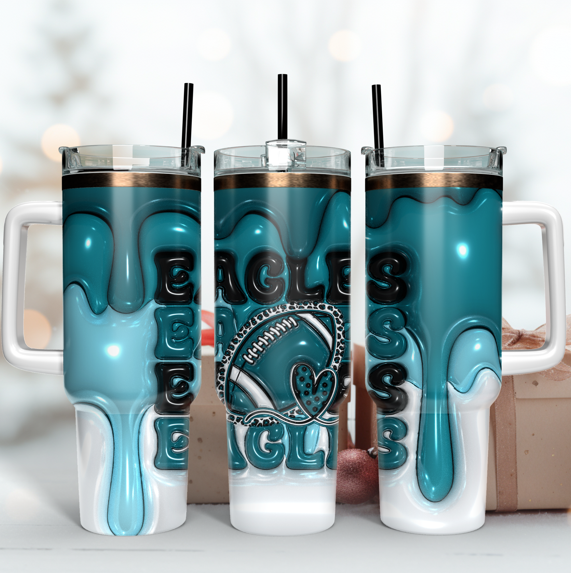 Philadelphia Eagles NFL 3D Inflated Puff Effect Custom Stanley Quencher 40oz Stainless Steel Tumbler With Handle