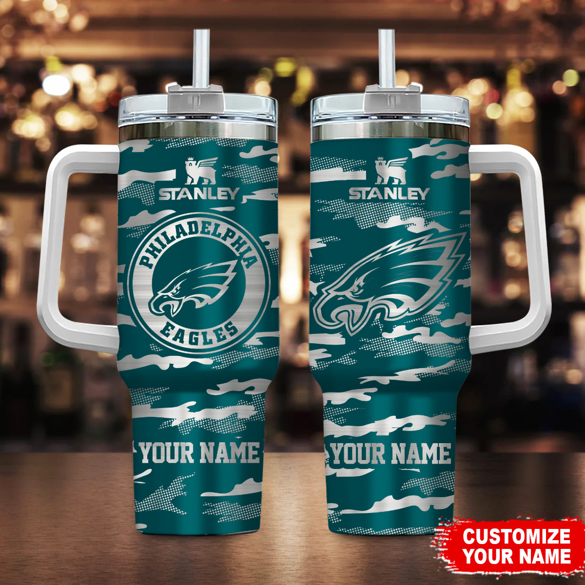 Philadelphia Eagles NFL Camo Pattern Custom Stanley Quencher 40oz Stainless Steel Tumbler With Handle