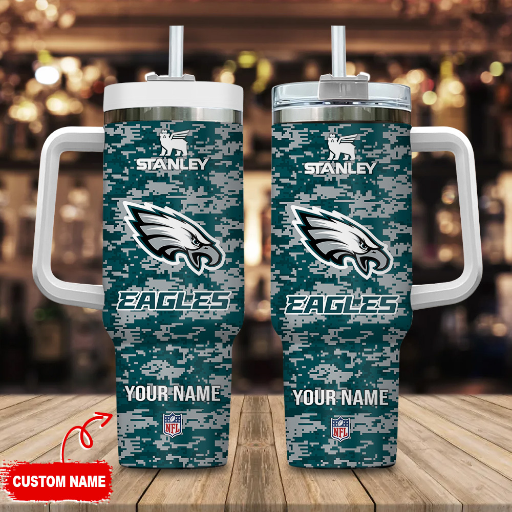 Philadelphia Eagles NFL Camouflage Custom Stanley Quencher 40oz Stainless Steel Tumbler With Handle