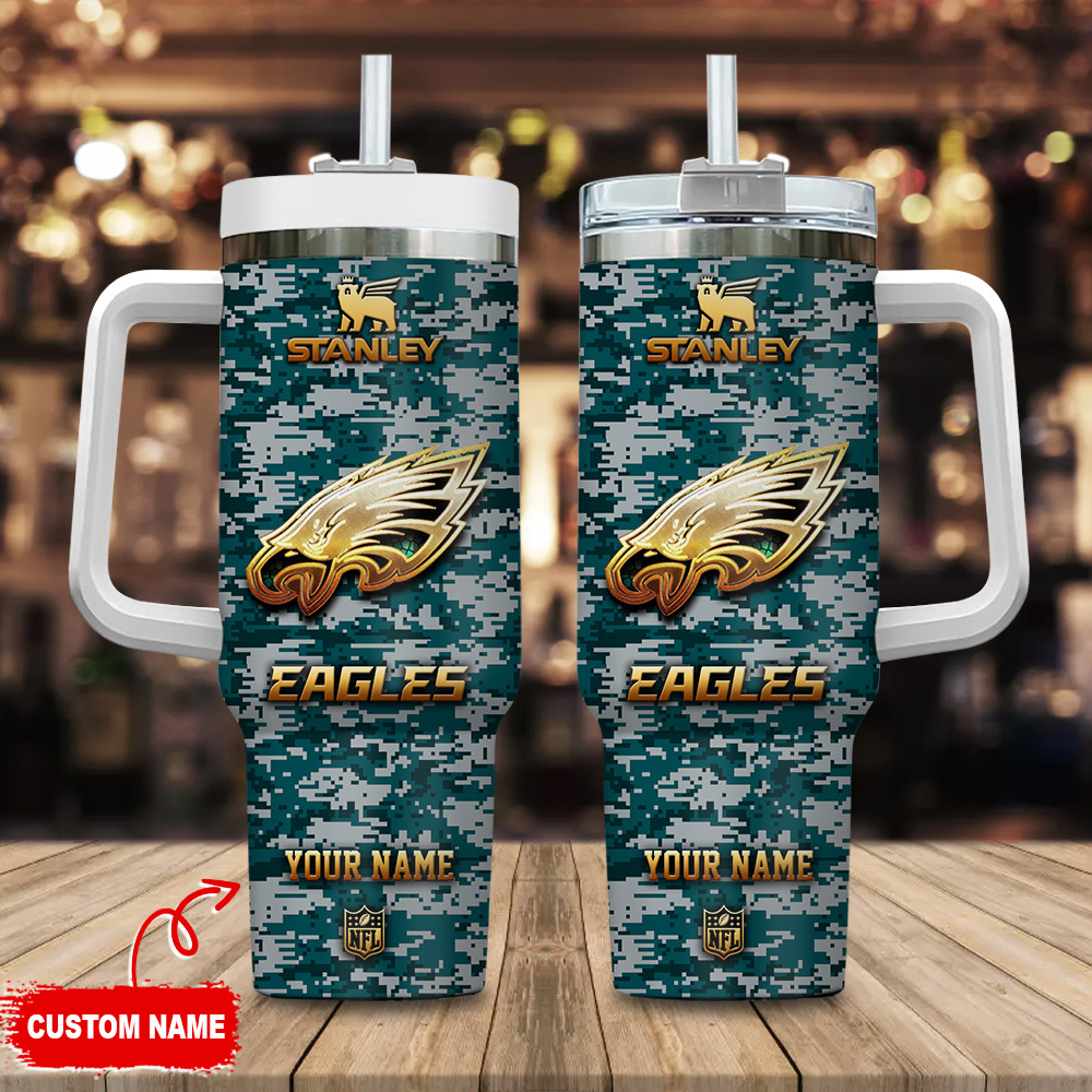 Philadelphia Eagles NFL Camouflage Golden Logo Custom Stanley Quencher 40oz Stainless Steel Tumbler With Handle