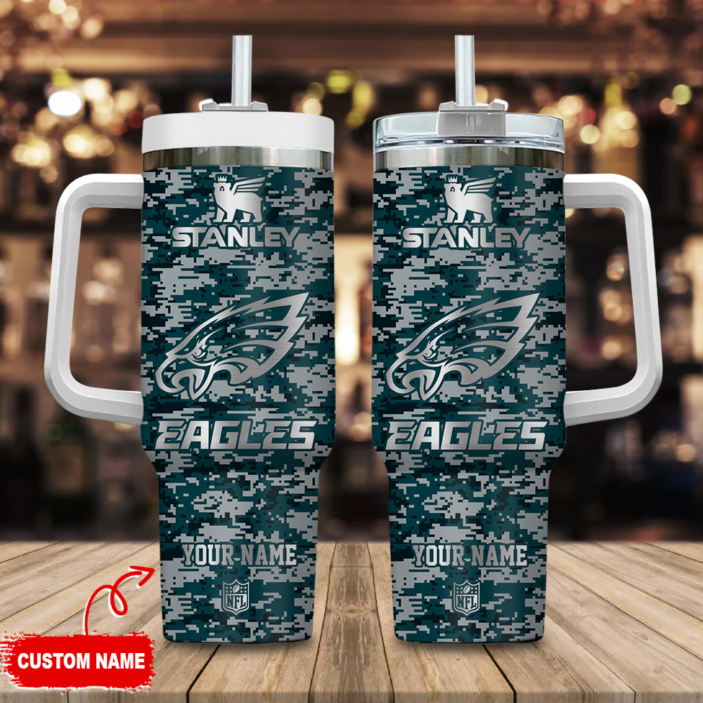 Philadelphia Eagles NFL Camouflage Silver Logo Custom Stanley Quencher 40oz Stainless Steel Tumbler With Handle