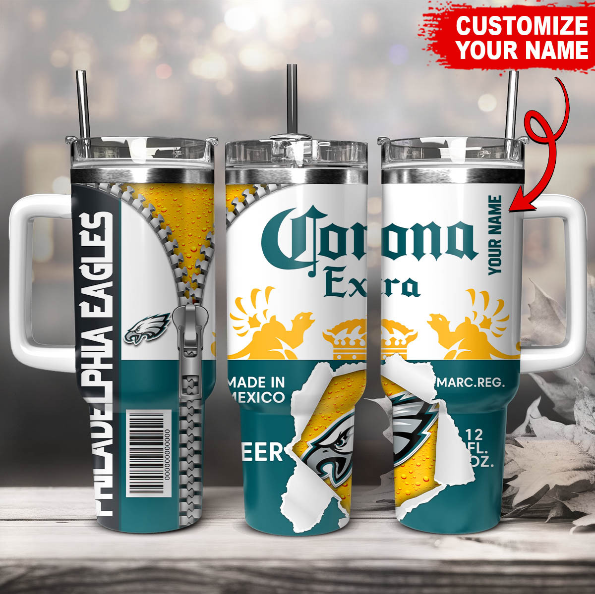 Philadelphia Eagles NFL Corona Extra Custom Stanley Quencher 40oz Stainless Steel Tumbler With Handle