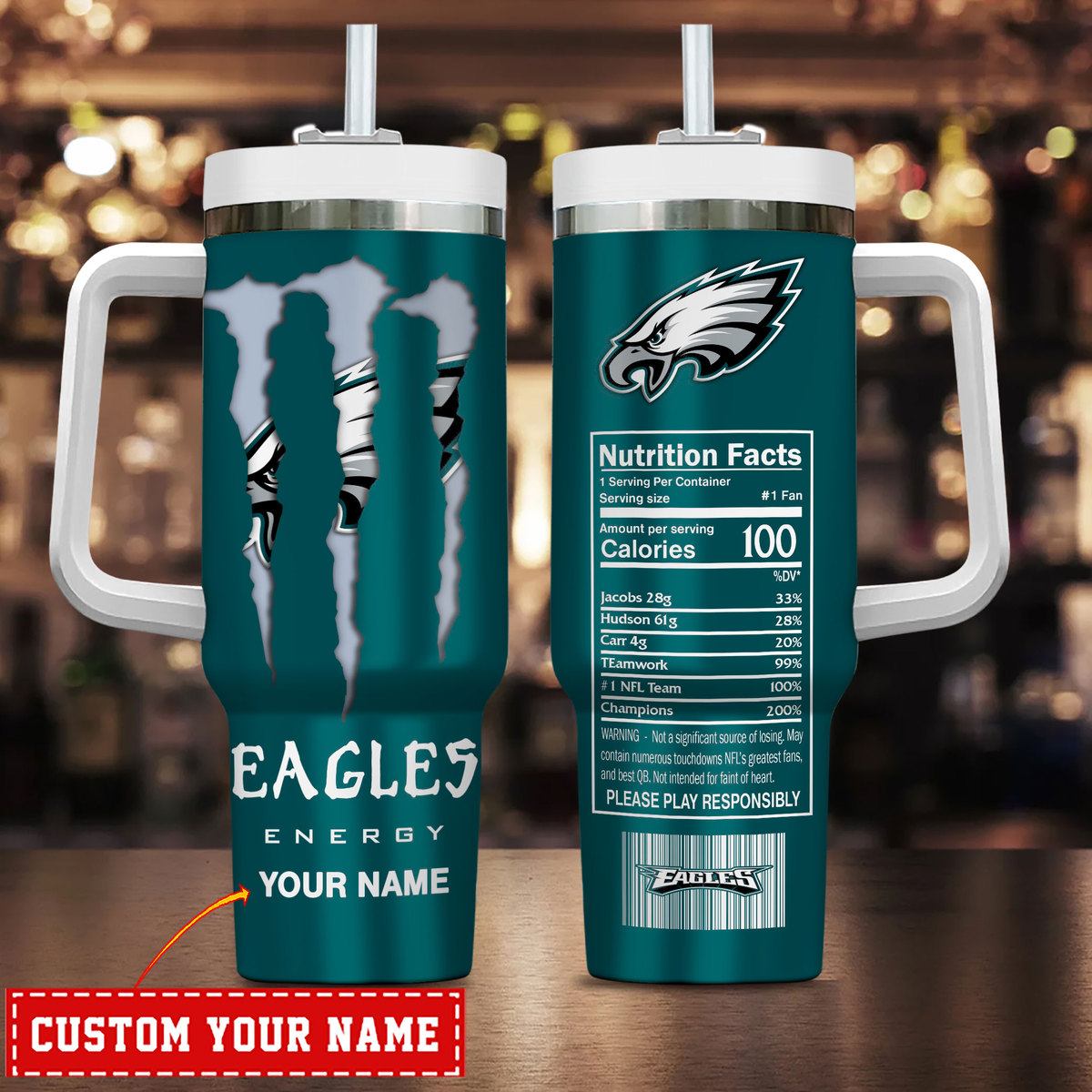 Philadelphia Eagles NFL Energy Nutrition Facts Custom Stanley Quencher 40oz Stainless Steel Tumbler With Handle